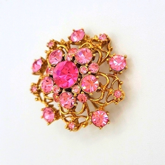 Vintage Gold Tone Brooch Pink Rhinestones - Picture 3 of 4